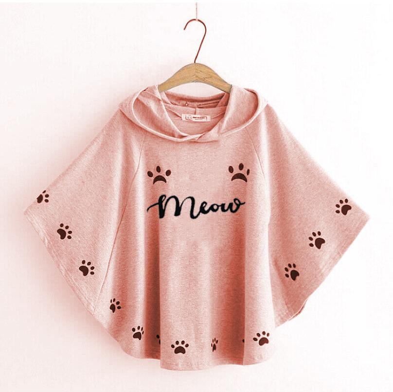 Round Style Meow Hooded Poncho For women  Double Fleece